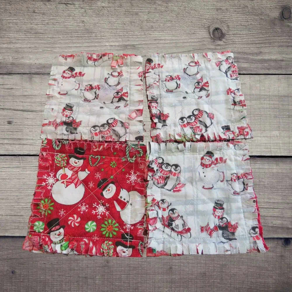 Rag Quilt Coasters, Set of 4, Reversible Christmas Snowmen and Penguin Mug Rugs